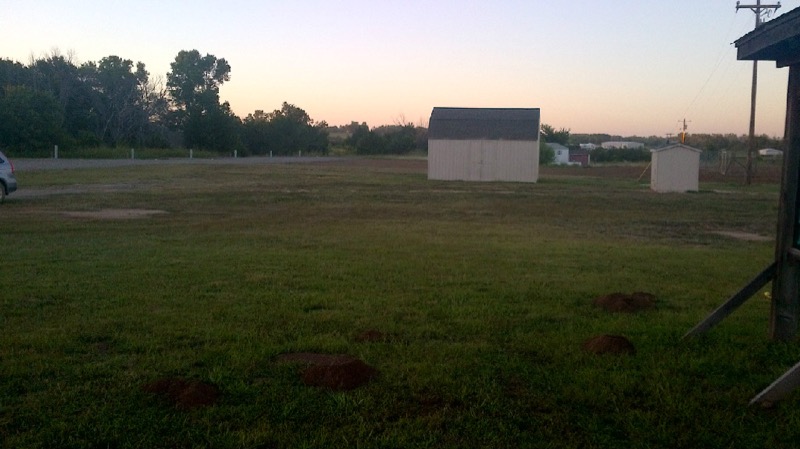 Evening view of the open grounds and storage building at Country Horizon RV Park